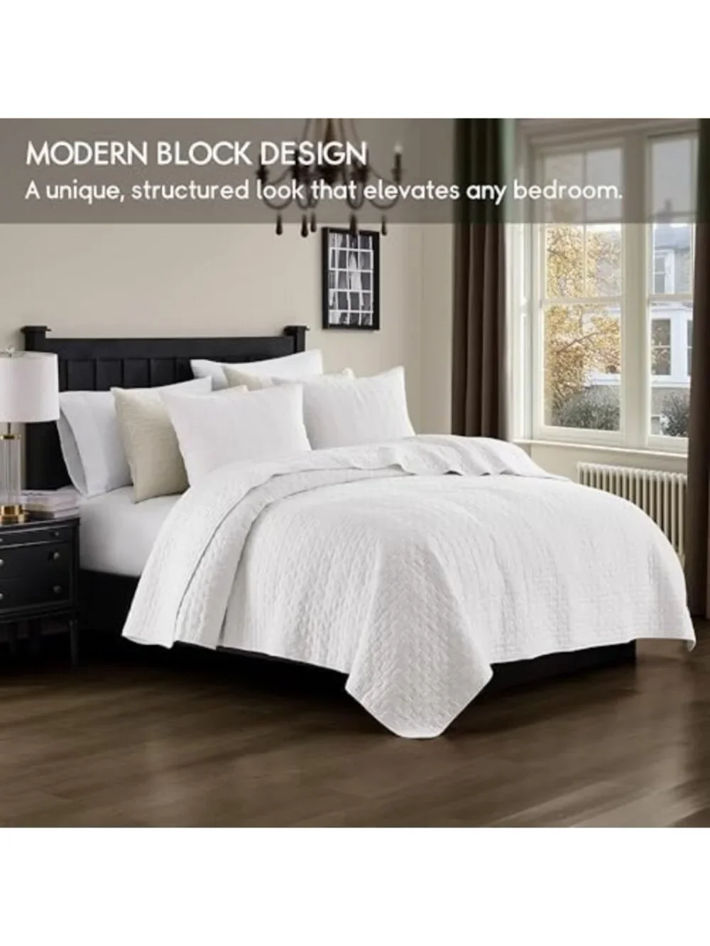 King Size White Cotton Quilt Set with 2 Pillow Shams - Soft Lightweight Coverlet